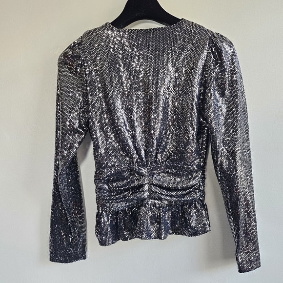 New BA&SH Mae Sequin Top Long Sleeve V Neck Peplum Party Sparkle Noir Black XS - Picture 14 of 17